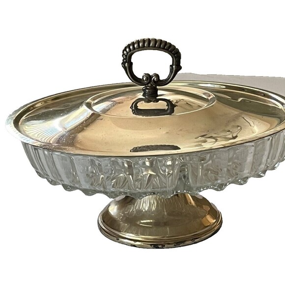 Serving Dish Vintage MCM Clear Glass Divided 5 Section Covered Lid Footed 10" - Picture 1 of 5